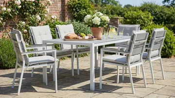 Tunis Spisegruppe 205x90 + 6 Tunis Stablestol m Pute - Hvit/Grå/Offwhite - Hagemøbler & utemiljø - Hagegruppe - Spisegrupper hage