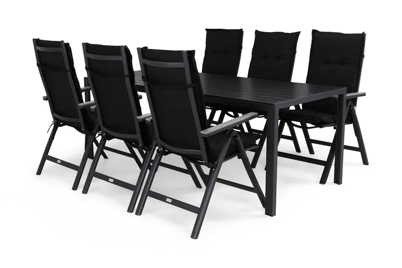 Tunis Spisegruppe 205x90+6 Monaco Light Posisjonsstol m Pute, Svart/Grå