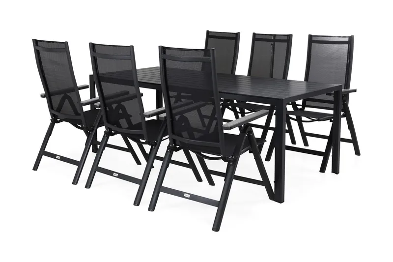 Tunis Spisegruppe 205x90 cm + 6 Monaco Posisjonsstoler - Svart/Grå - Hagemøbler & utemiljø - Hagegruppe - Spisegrupper hage
