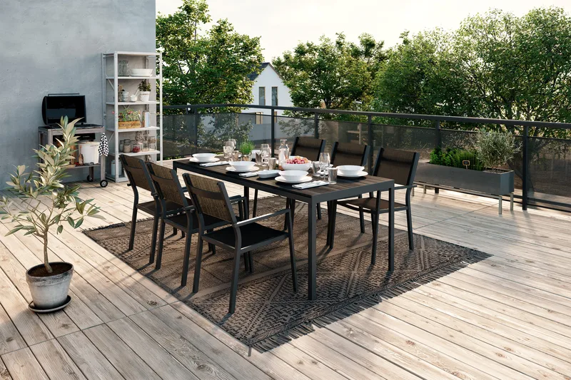 Tunis Spisegruppe 205x90 cm + 6 Tunis Stablestoler - Svart - Hagemøbler & utemiljø - Hagegruppe - Spisegrupper hage