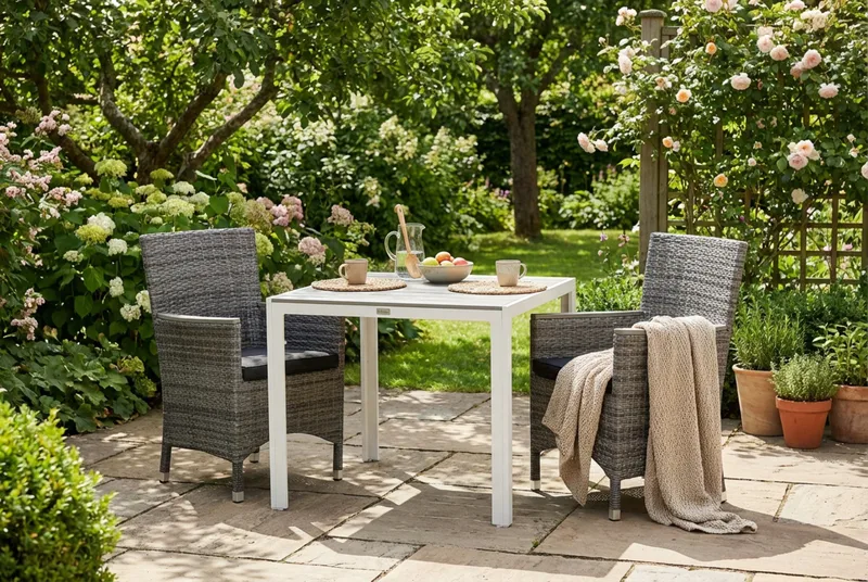Tunis Spisegruppe 90 + 2 Thor Lenestol Lyx m Armlene m Pute - Hvit/Grå/Aintwood/Svart - Hagemøbler & utemiljø - Hagegruppe - Spisegrupper hage