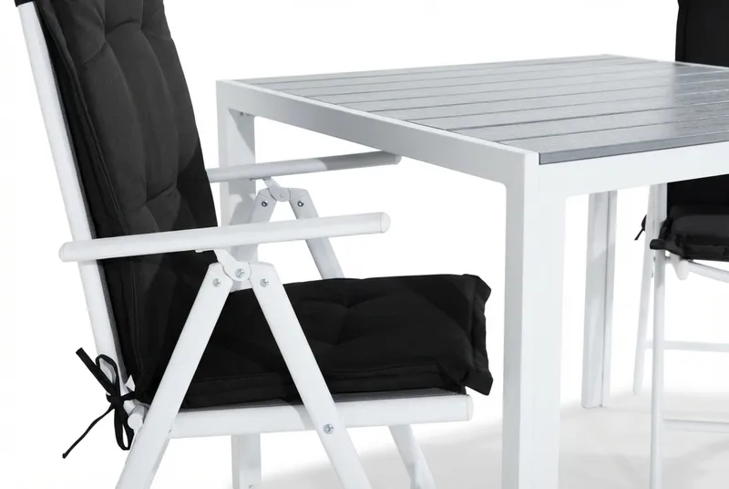 Tunis Spisegruppe 90x90 + 2 Maggie Posisjonsstol m Pute - Hvit/Grå/Svart - Hagemøbler & utemiljø - Hagegruppe - Spisegrupper hage