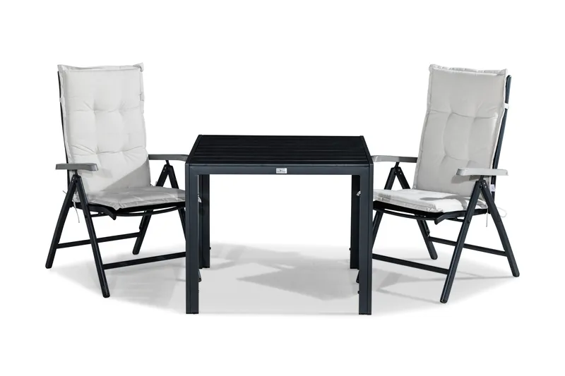 Tunis Spisegruppe 90x90 + 2 Monaco Lyx Posisjonsstol m Pute, Svart/Grå/Offwhite