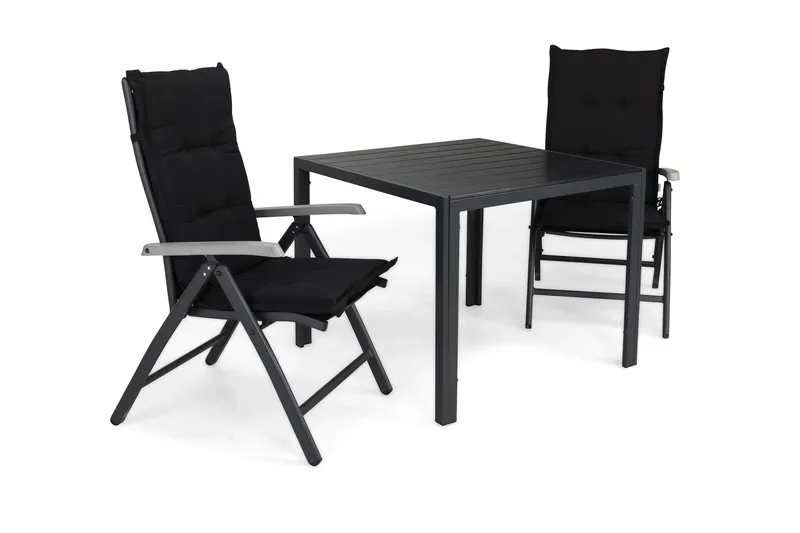 Tunis Spisegruppe 90x90 + 2 Monaco Lyx Posisjonsstol m Pute - Svart/Grå - Hagemøbler & utemiljø - Hagegruppe - Spisegrupper hage