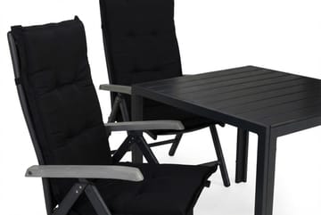 Tunis Spisegruppe 90x90 + 2 Monaco Lyx Posisjonsstol m Pute - Svart/Grå - Hagemøbler & utemiljø - Hagegruppe - Spisegrupper hage