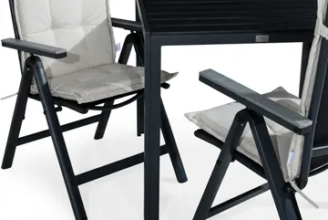 Tunis Spisegruppe 90x90 + 2 Monaco Posisjonsstol m Pute - Svart/Grå/Offwhite - Hagemøbler & utemiljø - Hagegruppe - Spisegrupper hage