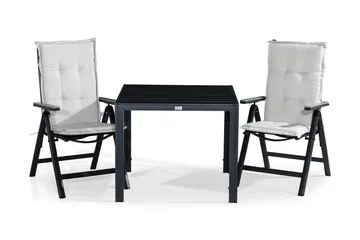Tunis Spisegruppe 90x90 + 2 Monaco Posisjonsstol m Pute - Svart/Grå/Offwhite - Hagemøbler & utemiljø - Hagegruppe - Spisegrupper hage