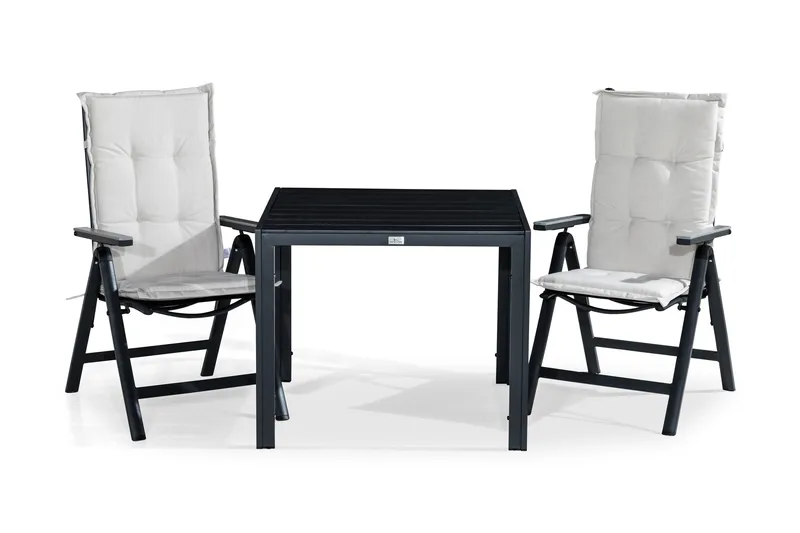 Tunis Spisegruppe 90x90 + 2 Monaco Posisjonsstol m Pute - Svart/Grå/Offwhite - Hagemøbler & utemiljø - Hagegruppe - Spisegrupper hage