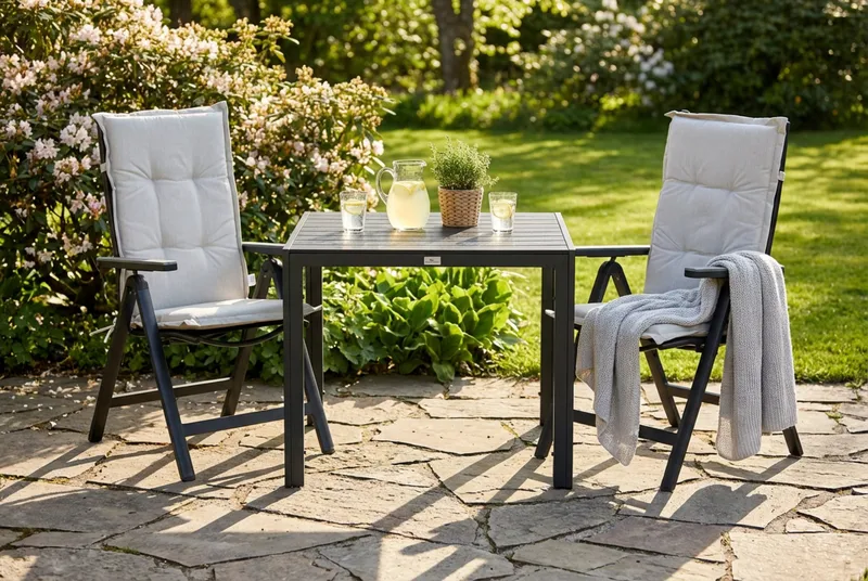 Tunis Spisegruppe 90x90 + 2 Monaco Posisjonsstol m Pute - Svart/Grå/Offwhite - Hagemøbler & utemiljø - Hagegruppe - Spisegrupper hage