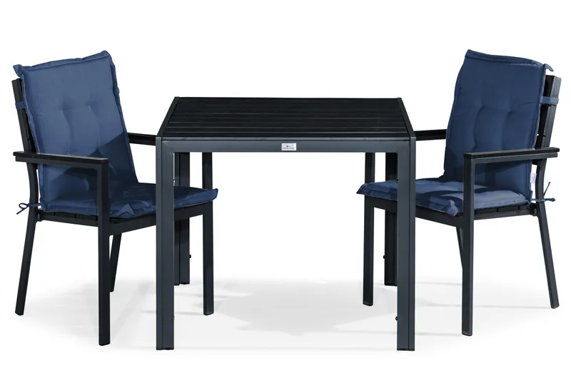 Tunis Spisegruppe 90x90 + 2 Stablestoler m Pute, Svart/Blå