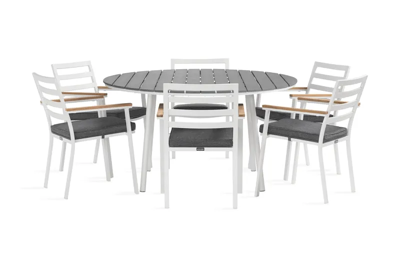 Tunis Spisegruppe Rund 140 cm + 6 Oliver Spisestol - Alu/Hvit - Hagemøbler & utemiljø - Hagegruppe - Spisegrupper hage