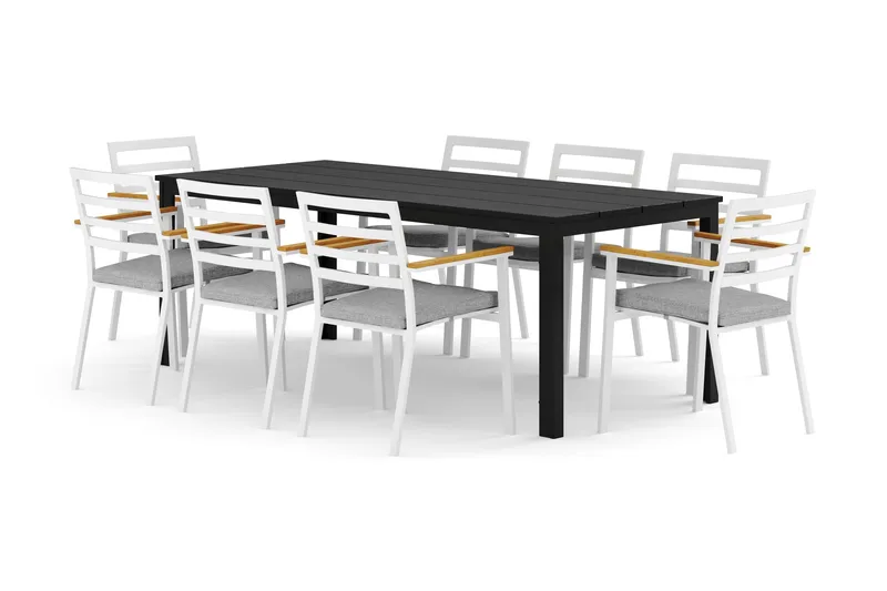 Tunis utendørs spisegruppe 205x90 cm med 8 Oliver armstoler med pute, Svart/Svart