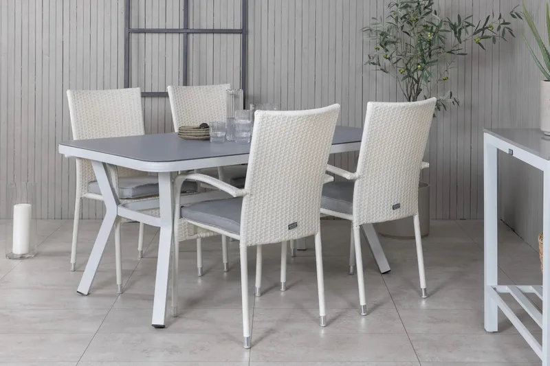 Virya Spisegruppe 160cm + 4 Anna Spisestoler - Hvit/Grå - Hagemøbler & utemiljø - Hagegruppe - Spisegrupper hage