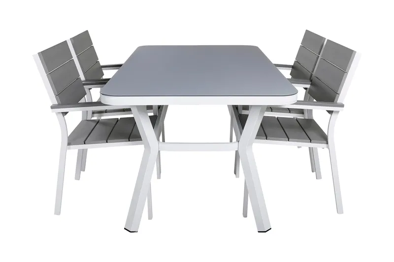 Virya Spisegruppe 160cm+4 Levels Stablebare Stoler, Hvit/Grå