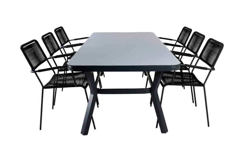 Virya Spisegruppe 200cm + 6 Lindos Karmstoler, Svart/Grå