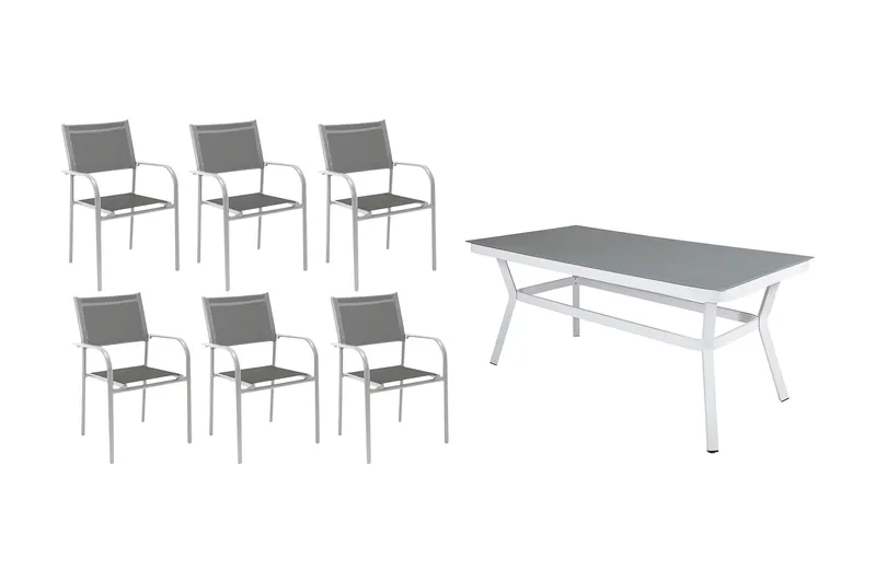 Virya Spisegruppe 200cm + 6 Santorini Karmstoler, Hvit/Grå