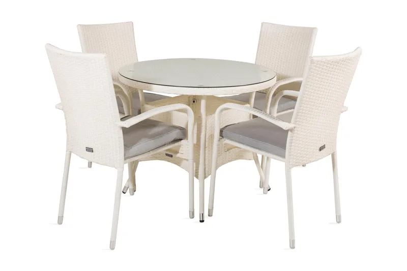 Volta Spisegruppe Rund Ø90cm + 4 Anna Karmstoler, Glass/Hvit
