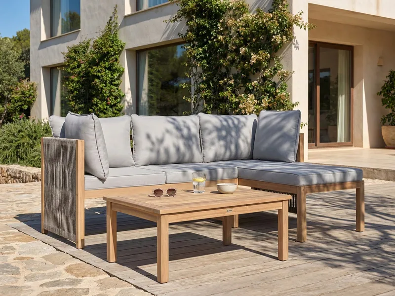 Hjørnesofa utendørs med bord 3-seter Arabba venstrevendt akasietre - Brun/grå - Hagemøbler & utemiljø - Hagegruppe - Sofagruppe utendørs