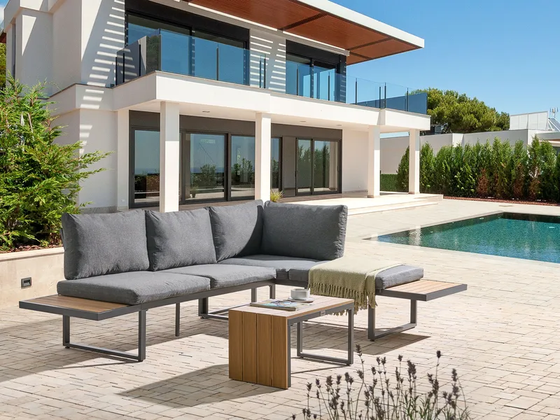 Hjørnesofa utendørs med bord 4-seter Pienza høyrevendt - Grå/Brun/Svart - Hagemøbler & utemiljø - Hagegruppe - Sofagruppe utendørs