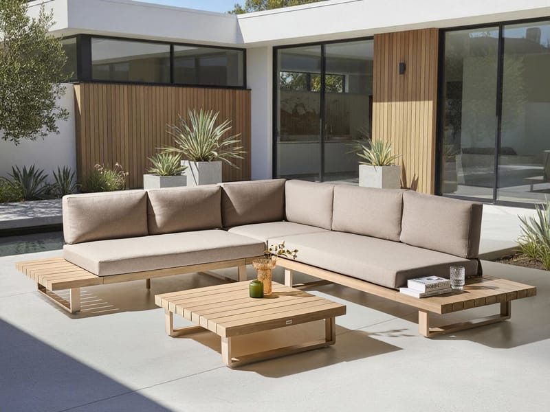 Hjørnesofa utendørs med bord 5-seter Mykonos høyrevendt akasietre - Beige/brun - Hagemøbler & utemiljø - Hagegruppe - Sofagruppe utendørs