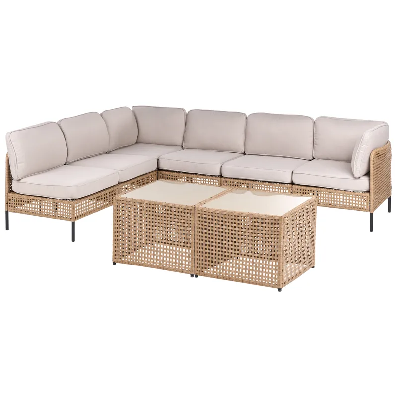 Hjørnesofa utendørs med bord 6-seter Omegana modulær kunstrotting - Beige/svart - Hagemøbler & utemiljø - Hagegruppe - Sofagruppe utendørs