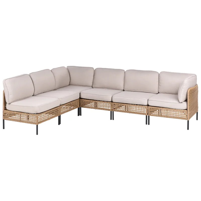 Hjørnesofa utendørs med bord 6-seter Omegana modulær kunstrotting - Beige/svart - Hagemøbler & utemiljø - Hagegruppe - Sofagruppe utendørs