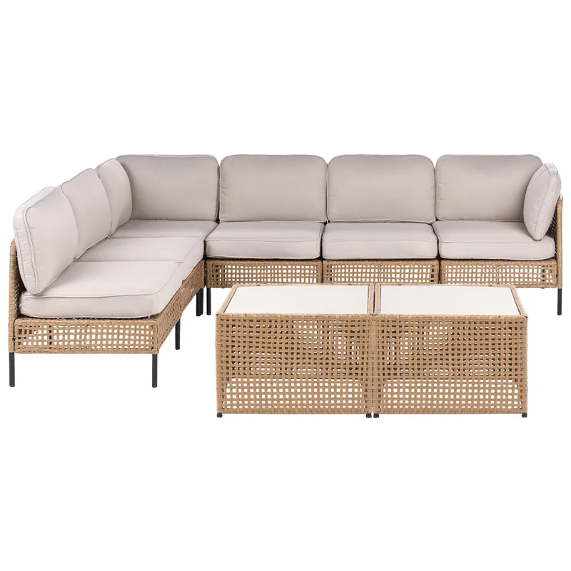 Hjørnesofa utendørs med bord 6-seter Omegana modulær kunstrotting, Beige/svart
