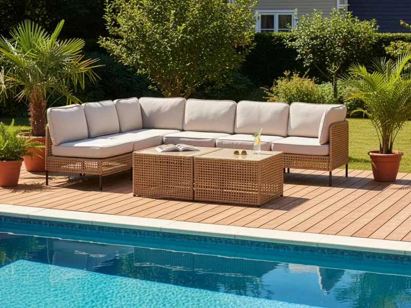 Hjørnesofa utendørs med bord 6-seter Omegana modulær kunstrotting - Beige/svart - Hagemøbler & utemiljø - Hagegruppe - Sofagruppe utendørs