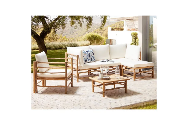 Hörnsoffa Beliani Cerreto med fåtölj Beige/ljust trä White||Light wood - Hagemøbler & utemiljø - Hagegruppe - Sofagruppe utendørs