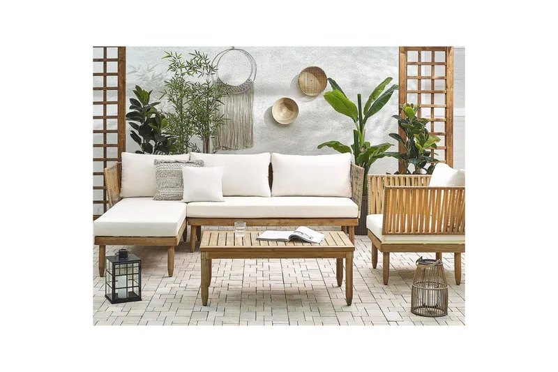 Hörnsoffa Beliani Cremona Light wood||White - Hagemøbler & utemiljø - Hagegruppe - Sofagruppe utendørs
