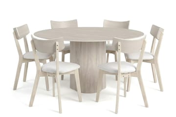 Juno spisegruppe 150 cm rund hvitlasert med 6 Amelia spisestoler med pute - Hvitlasert/Beige - Hagemøbler & utemiljø - Hagegruppe - Spisegrupper hage