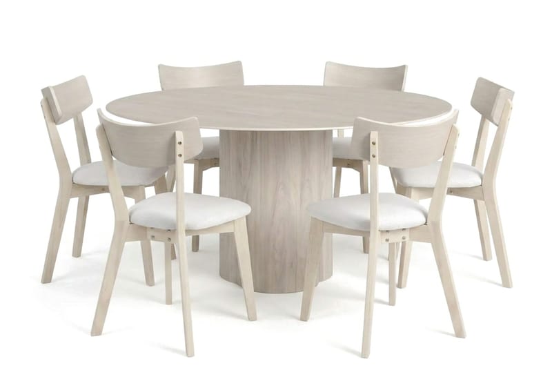 Juno spisegruppe 150 cm rund hvitlasert med 6 Amelia spisestoler med pute - Hvitlasert/Beige - Hagemøbler & utemiljø - Hagegruppe - Spisegrupper hage