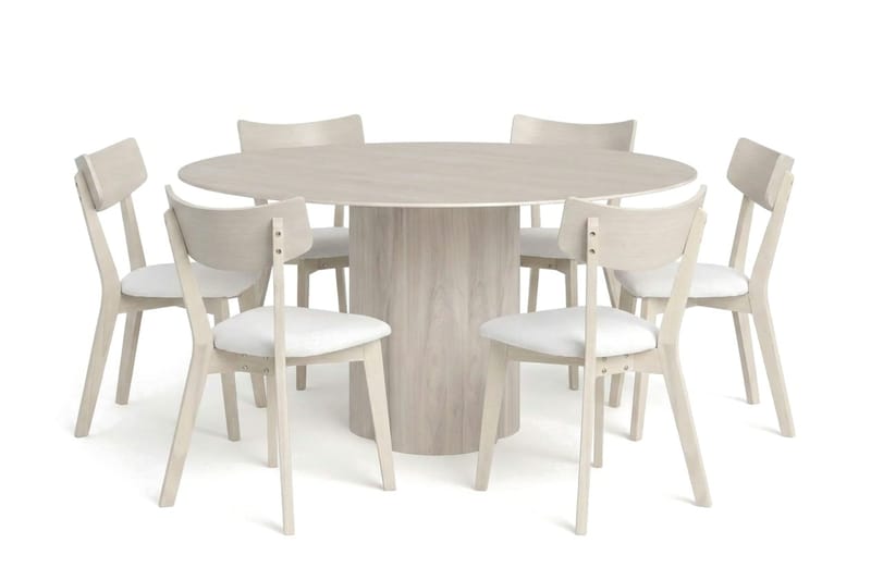 Juno spisegruppe 150 cm rund hvitlasert med 6 Amelia spisestoler med pute, Hvitlasert/Beige
