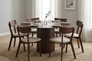 Juno spisegruppe 150 cm rund i valnøtt med 6 Amelia spisestoler med pute - Valnøtt/Beige - Hagemøbler & utemiljø - Hagegruppe - Spisegrupper hage