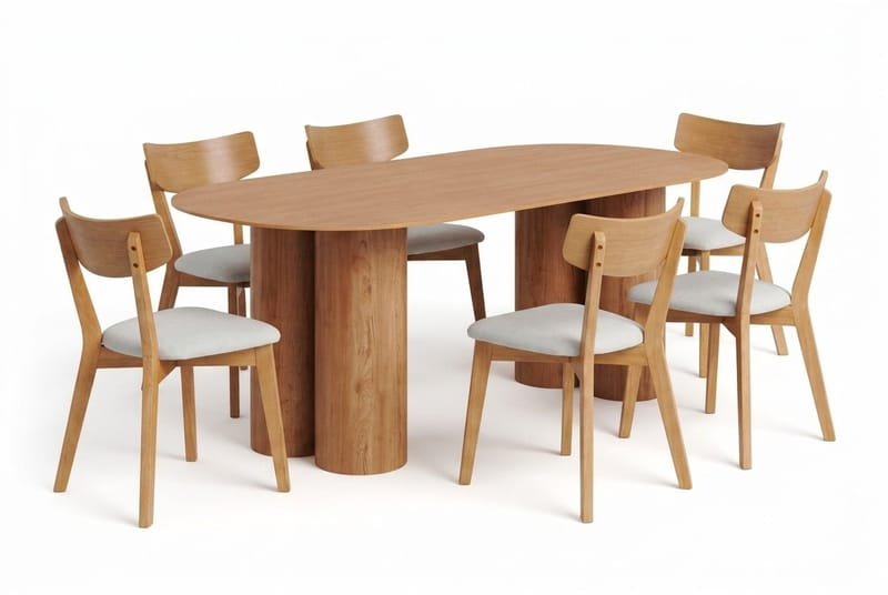 Juno spisegruppe 220 cm rektangulær i eik med 6 Amelia spisestoler med pute, Eik/Beige