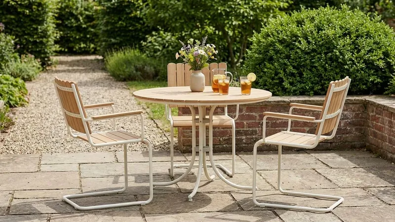 Kullaberg rund spisegruppe for utendørsbruk med 4 stoler 104 cm stål aintwood - Beige - Hagemøbler & utemiljø - Hagegruppe - Spisegrupper hage