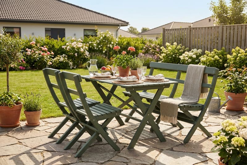 Landet utendørs spisegruppe 118x70x74 cm med sofa og 2 klappstoler - Grønn - Hagemøbler & utemiljø - Hagegruppe - Spisegrupper hage