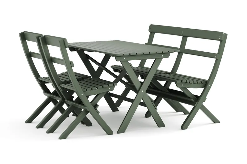 Landet utendørs spisegruppe 118x70x74 cm med sofa og 2 klappstoler, Grønn