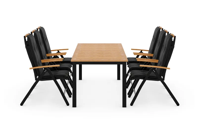 Las Vegas Spisegruppe 220-280x100 + 6 Stoler m Pute, Svart/Teak