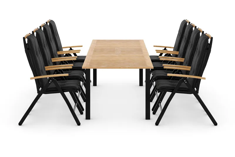 Las Vegas Spisegruppe 220-280x100 + 8 Stoler m Pute, Svart/Teak