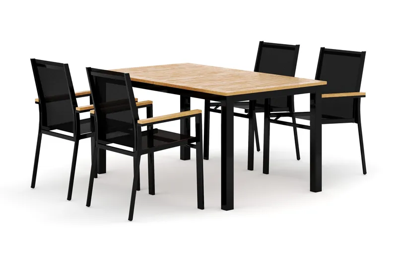 Las Vegas utendørs spisegruppe, uttrekkbar 152–210x90 cm med 4 Las Vegas stablebare stoler, Svart