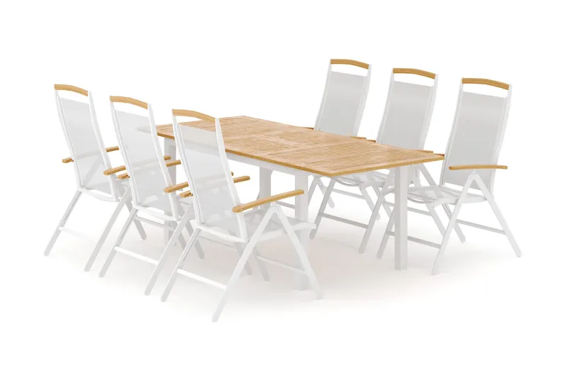 Las Vegas utendørs spisegruppe, uttrekkbar 152–210x90 cm med 6 Las Vegas regulerbare stoler - Hvit - Hagemøbler & utemiljø - Hagegruppe - Spisegrupper hage