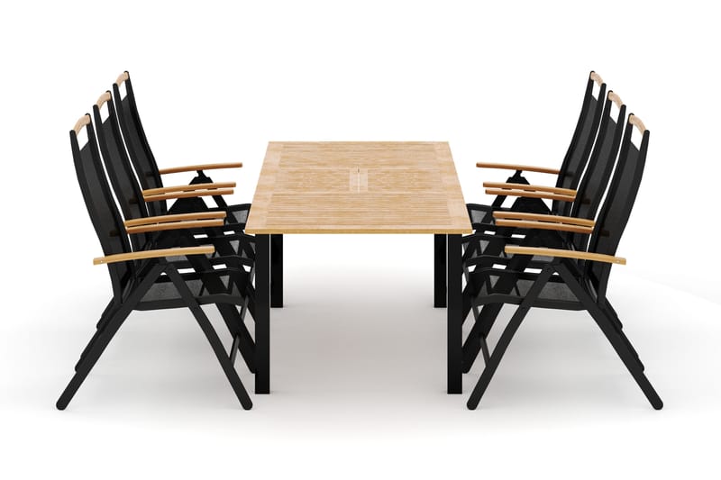 Las Vegas utendørs spisegruppe, uttrekkbar 152–210x90 cm med 6 Las Vegas regulerbare stoler, Svart