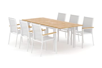 Las Vegas utendørs spisegruppe, uttrekkbar 152–210x90 cm med 6 Las Vegas stablebare stoler - Hvit - Hagemøbler & utemiljø - Hagegruppe - Spisegrupper hage