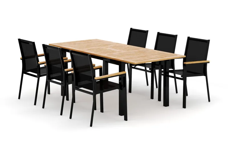 Las Vegas utendørs spisegruppe, uttrekkbar 152–210x90 cm med 6 Las Vegas stablebare stoler, Svart