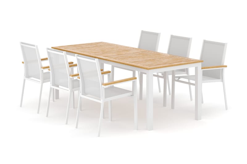 Las Vegas utendørs spisegruppe, uttrekkbar 220x280x100 cm med 6 Las Vegas stablebare stoler, Hvit