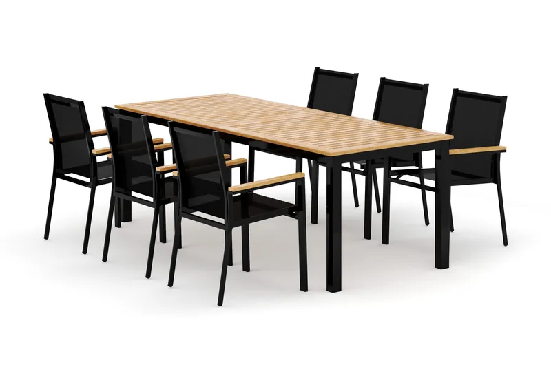 Las Vegas utendørs spisegruppe, uttrekkbar 220x280x100 cm med 6 Las Vegas stablebare stoler, Svart