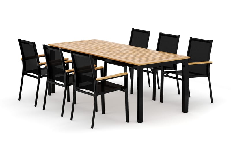 Las Vegas utendørs spisegruppe, uttrekkbar 220x280x100 cm med 6 Las Vegas stablebare stoler, Svart