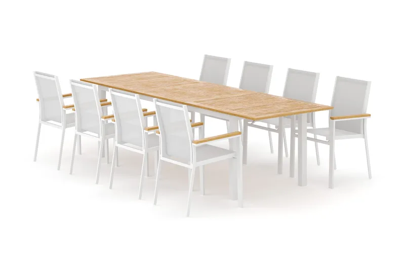 Las Vegas utendørs spisegruppe, uttrekkbar 220x280x100 cm med 8 Las Vegas stablebare stoler, Hvit