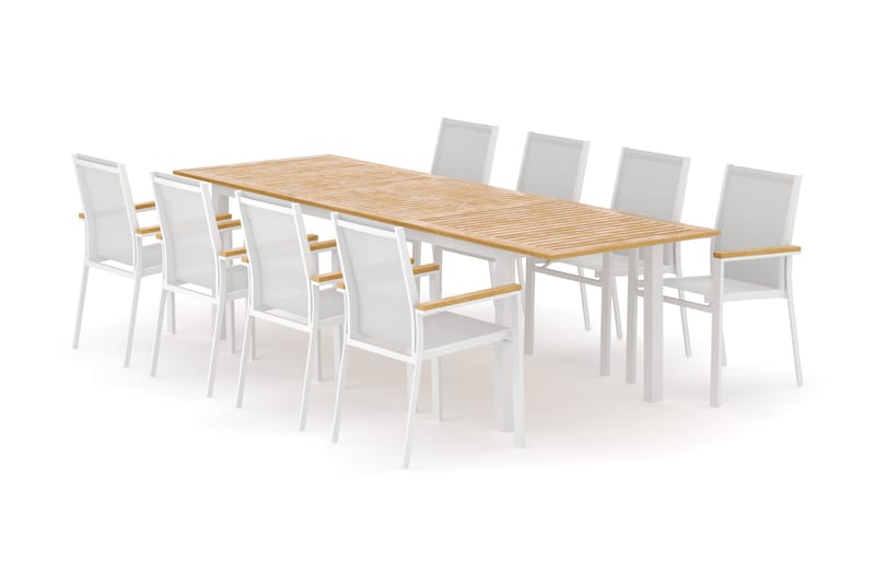 Las Vegas utendørs spisegruppe, uttrekkbar 220x280x100 cm med 8 Las Vegas stablebare stoler, Hvit